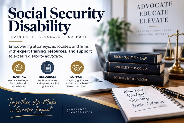 Social Security Disability training and resources website banner featuring law books, scales of justice, and desk materials for disability advocacy professionals