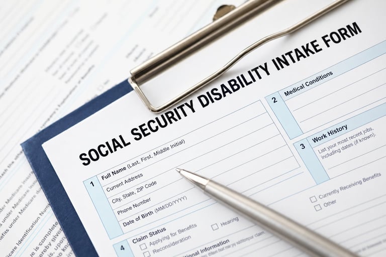 Social Security Disability Intake Form with pen and clipboard on paperwork documents