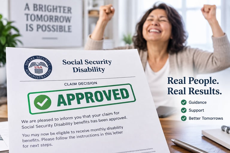 Woman celebrating with approved Social Security Disability claim letter showing checkmark stamp and motivational message A Brighter Tomorrow Is Possible